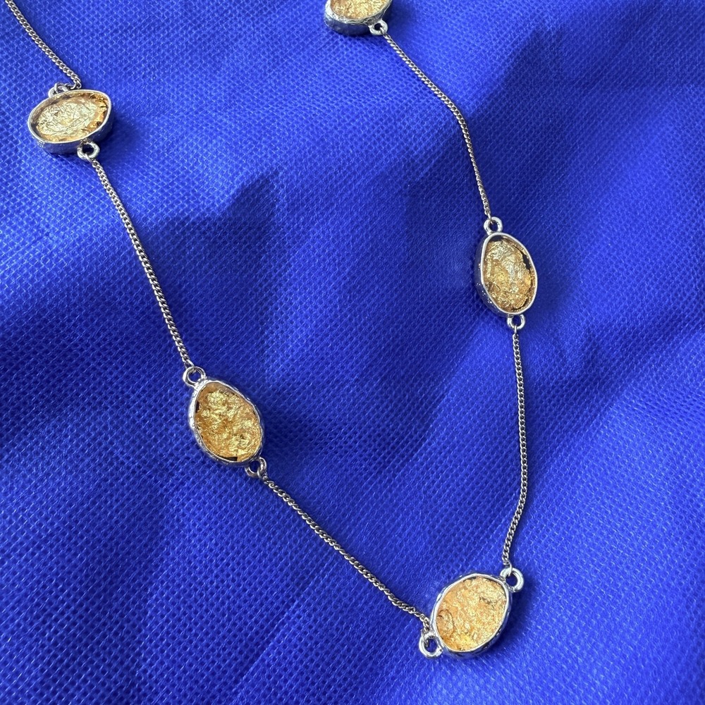 Influence Gold Tone Oval Gold Foil Resin Long Station Necklace 36" Modern Minima